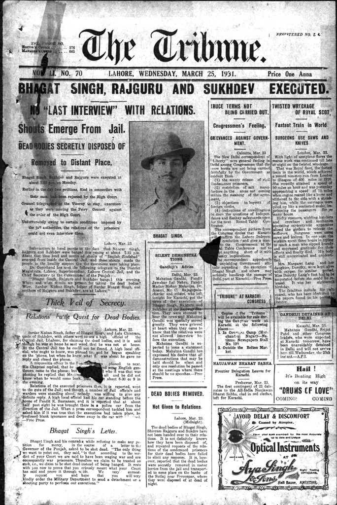 An image of Page 1 of The Tribune dated March 25 1931 carrying the news of the hanging
