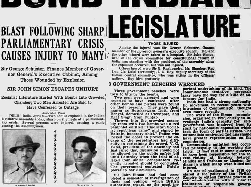 Bhagat Singh Batukeshwar Dutt dropped two bombs in the central legislative assembly