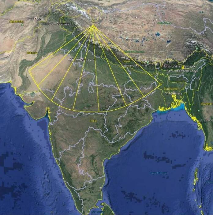 India map with 1200 km radius