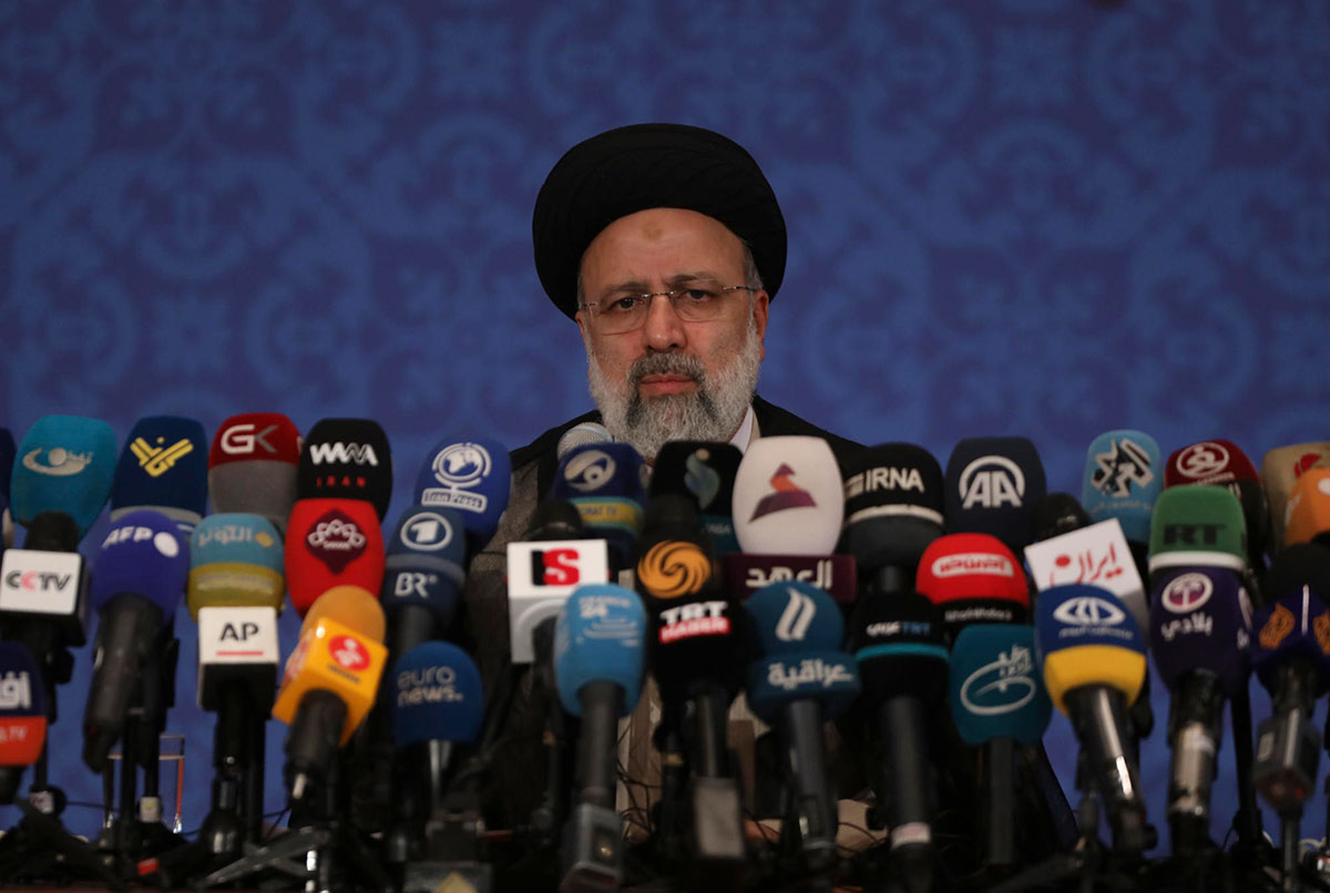 Irans President Elect Ebrahim Raisi holds a press conference at Shahid Beheshti conference hall in Tehran on Monday