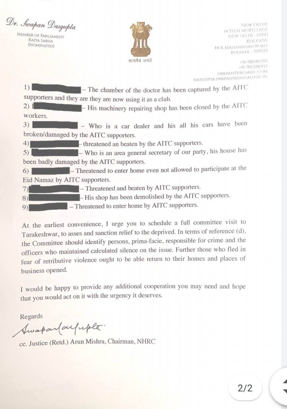 Screengrab of the letter by Swapan Dasgupta image via Anindya