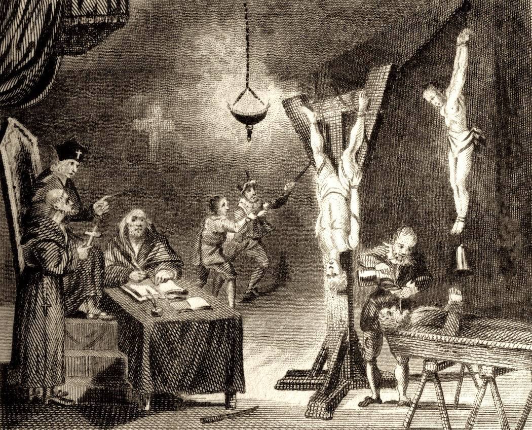 1807 engraving showing people being tortured during the Spanish Inquisition