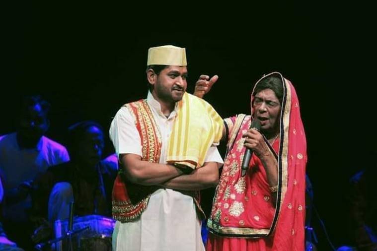 Dost left and Manjhi on stage. Photo courtesy Naresh Gautam Bhikhari Thakur Repertory Training Research Centre