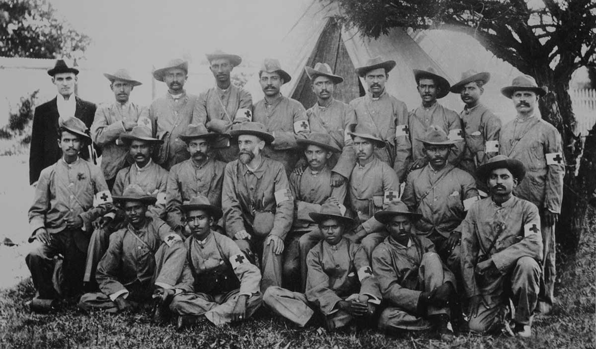 Gandhi with the stretcher bearers of the Indian Ambulance Corps during the Boer War South Africa