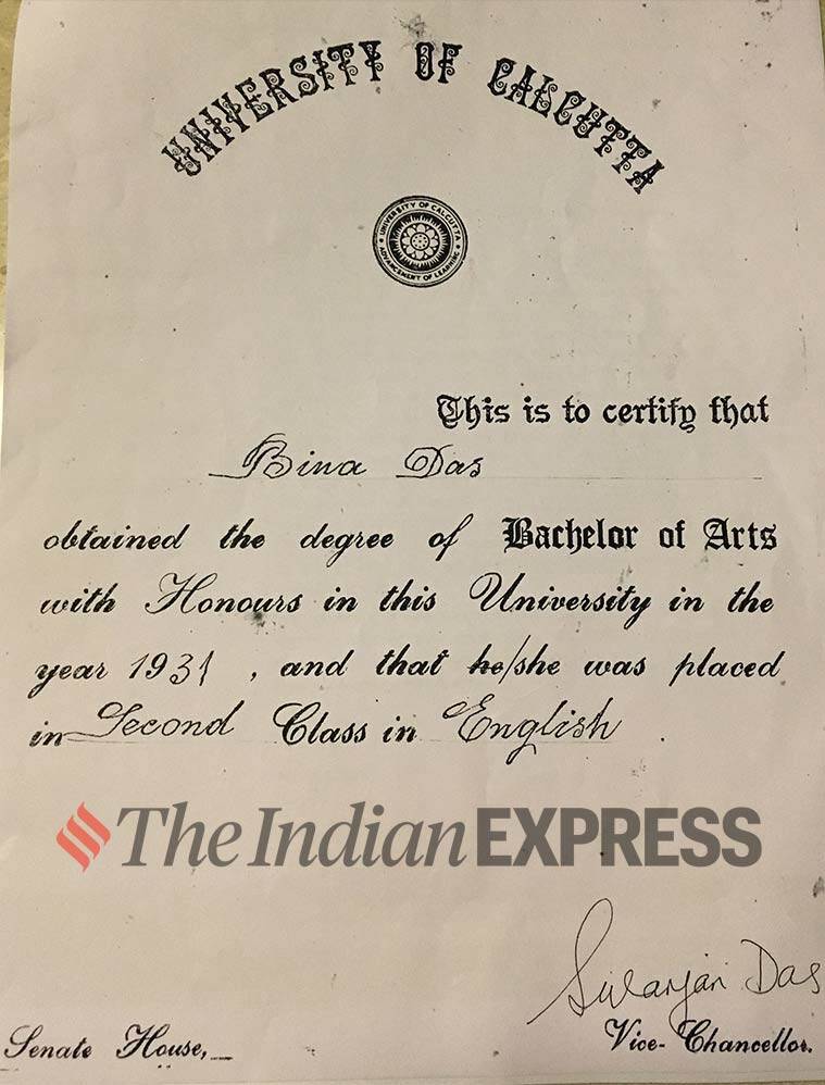 In 2012 Calcutta University posthumously awarded Bina Das her pending Bachelor of Arts degree with second class Honours in English for the year 1931 that the British administrative authorities had withheld from her. Expres