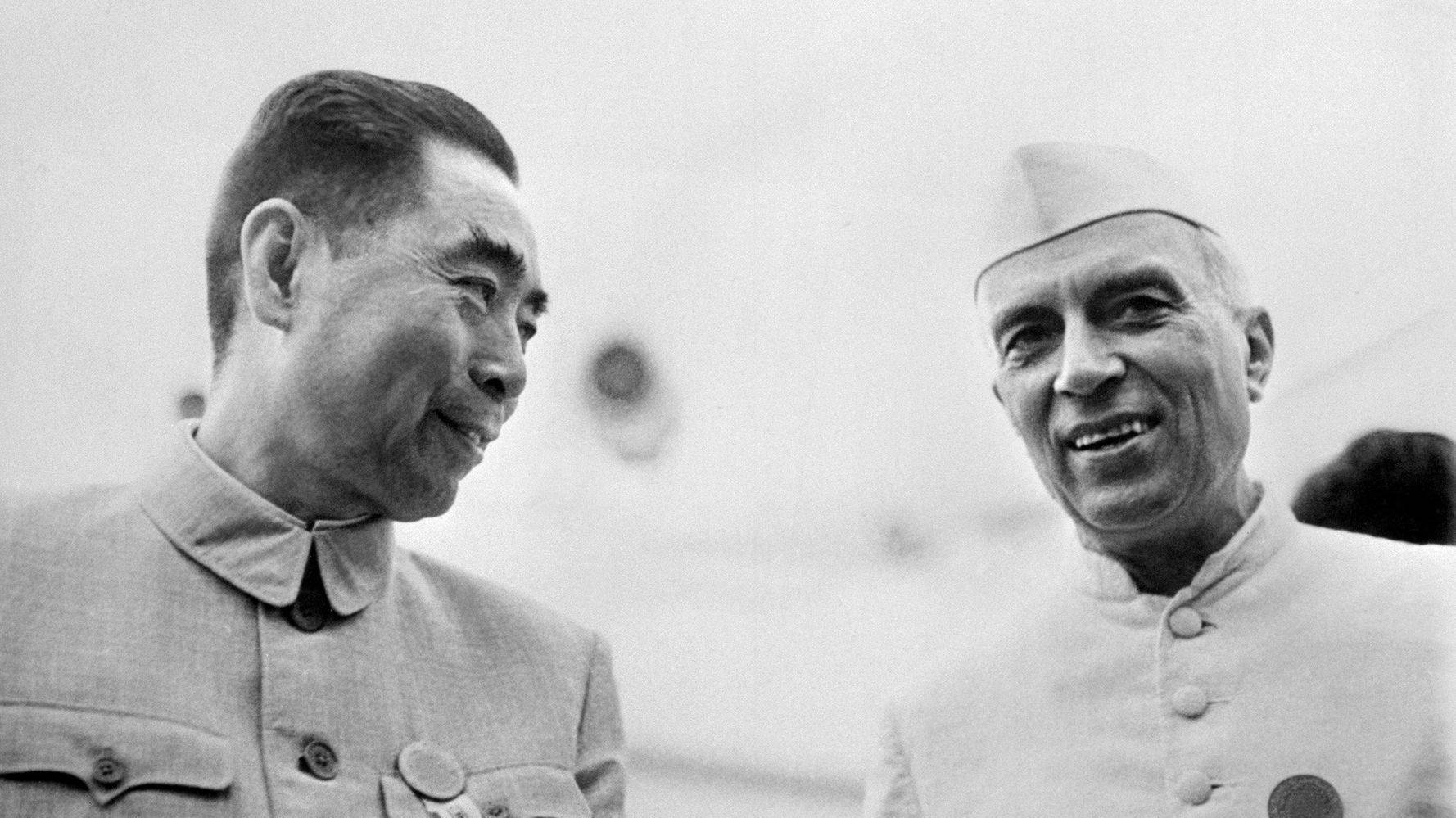 Picture taken from the 50s of Indian prime minister Pandit Jawaharlal Nehru in official visit in China talking with his chinese counterpart Zhou Enlai. Indian statesman and prime minister 1947 64