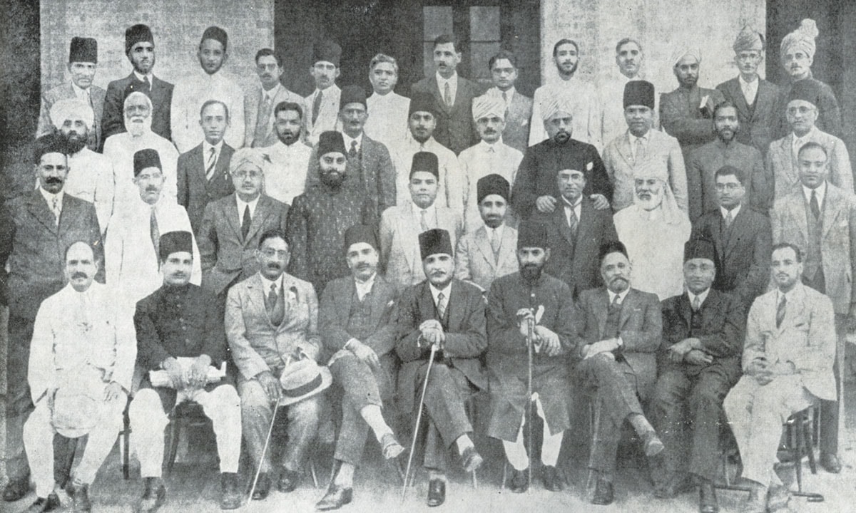 Allama Iqbal centre bottom row with members of the Circle of Islamic Studies in Lahore 1933 - Iqbal in Pictures