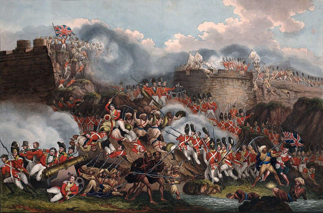 British 12th Regiment attacking the breach at the Storming of Seringapatam on 4th May 1799 in the Fourth Mysore War