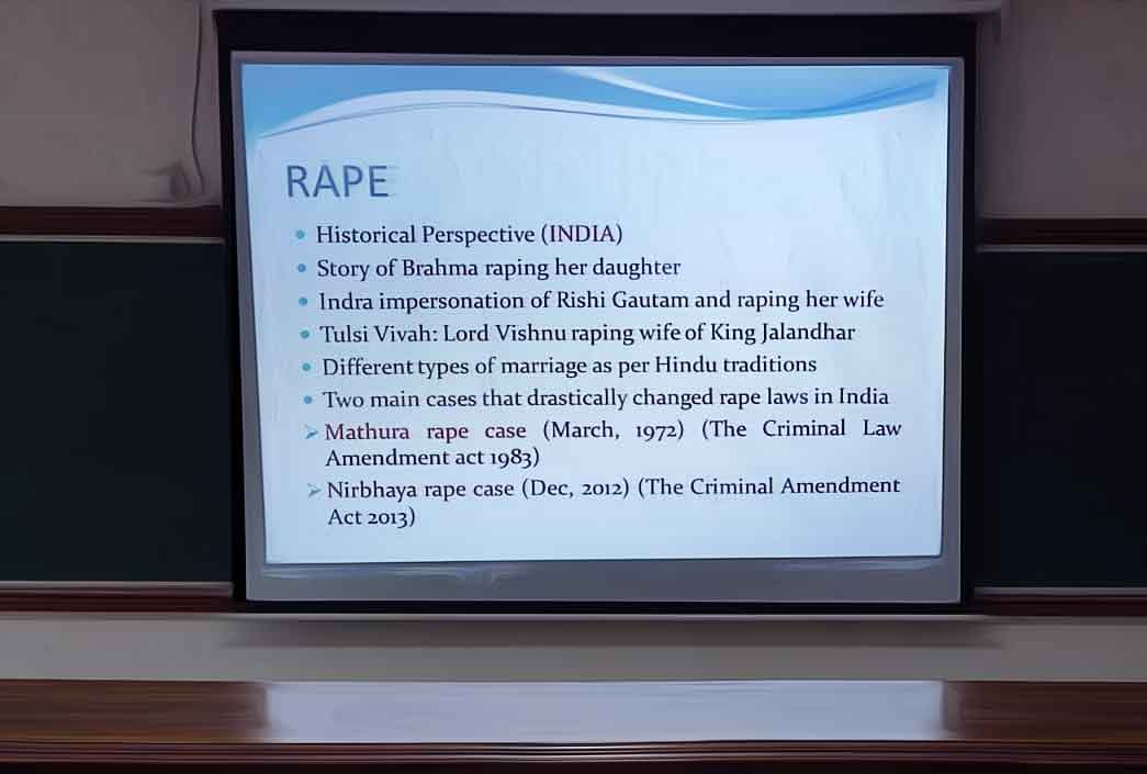 The professor had shown a slide show in class in which he gave a “historical perspective” of rape in India