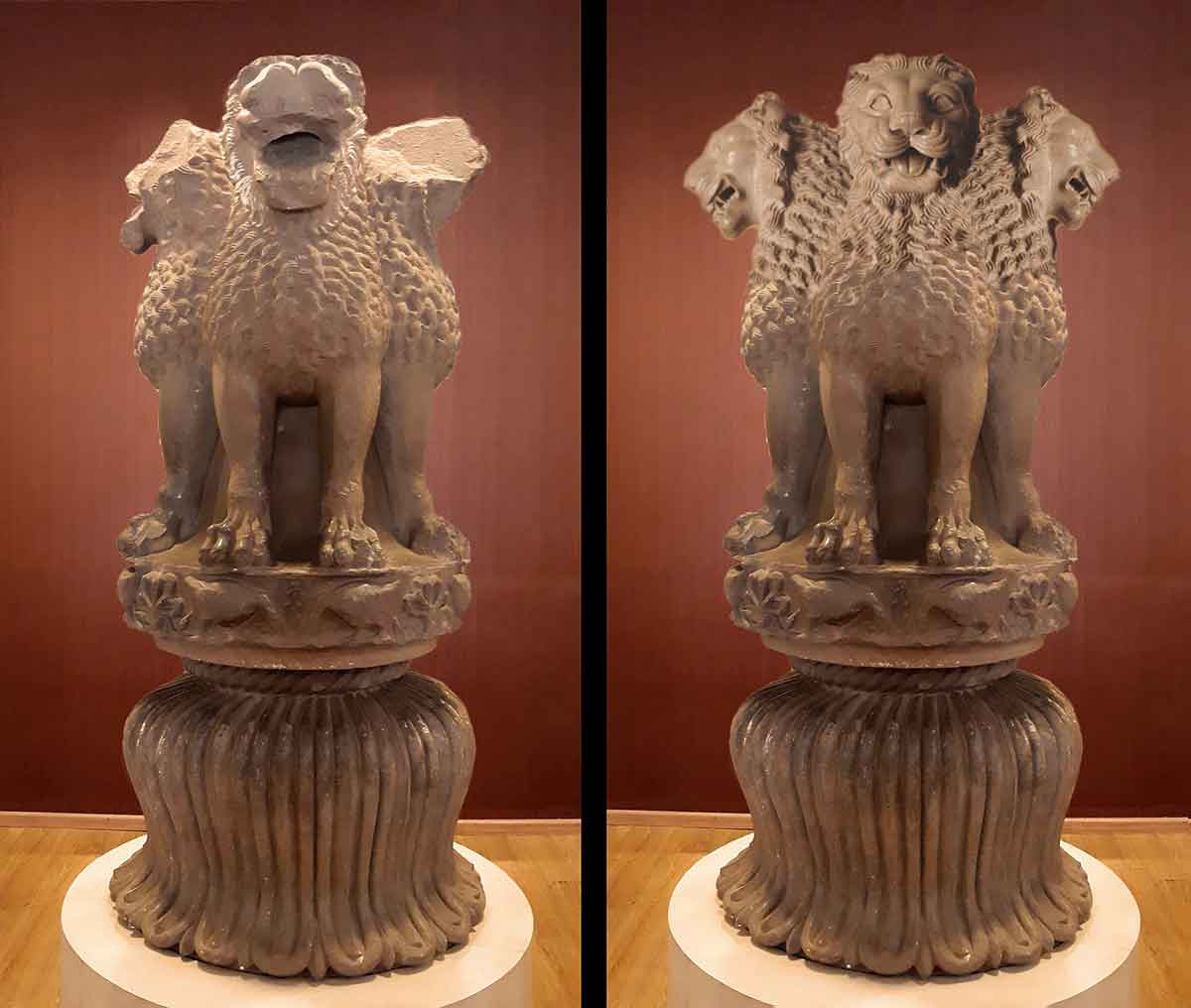 The capital of the Sanchi pillar of Ashoka, as discovered (left), and simulation of original appearance (right). Sanchi Museum. 250 BCE.