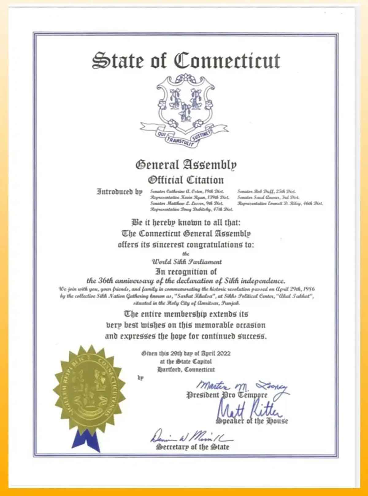 Screengrab of the citation by the General Assembly of the State of Connecticut