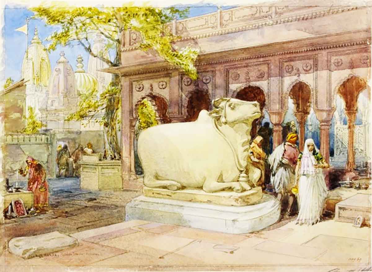 Pencil, pen and ink and watercolour on paper depicting The Bull Nandi in the courtyard of the Golden Temple, Benares - 1864