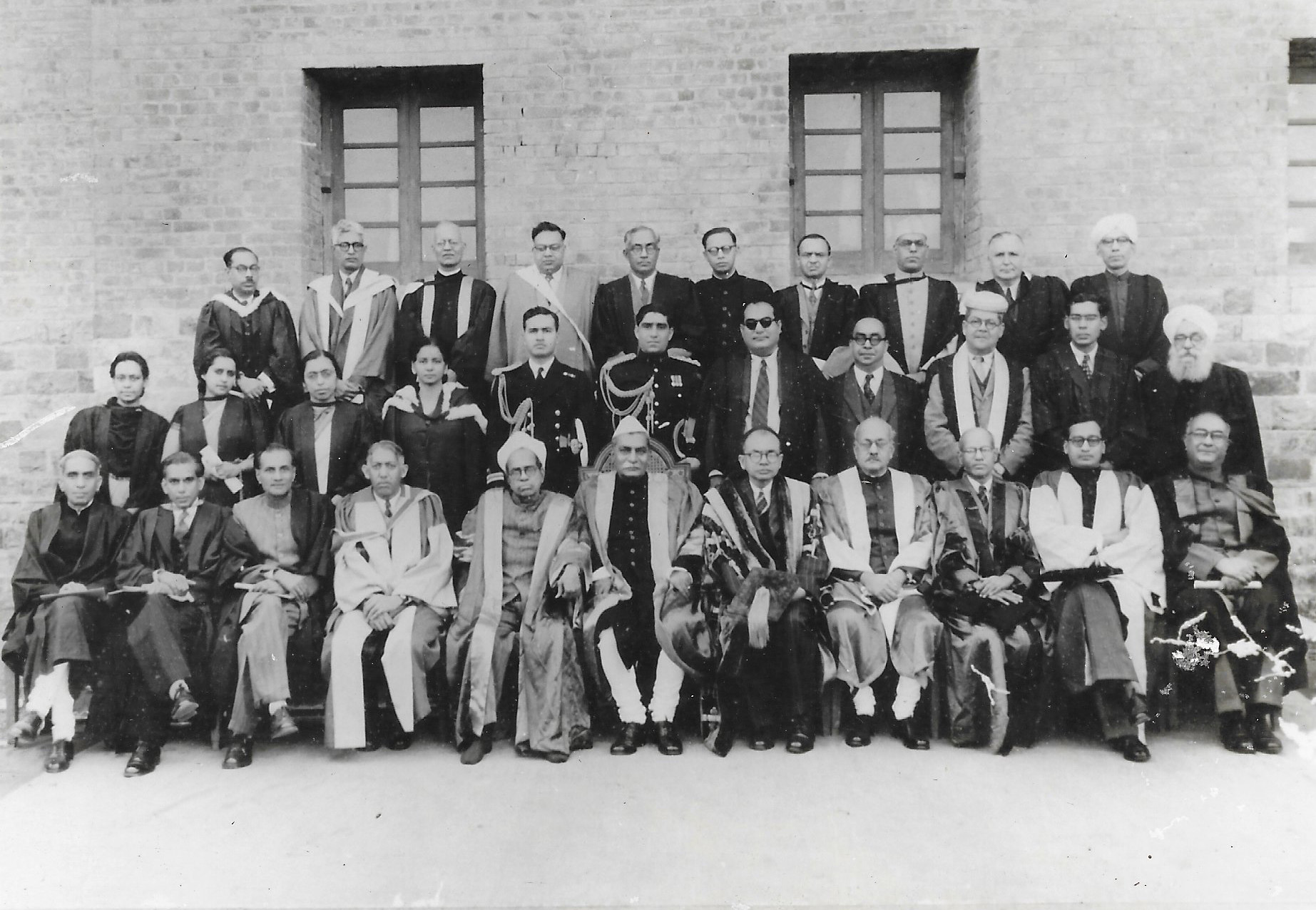 Delhi University Convocation delegates - After the Constitution of India was ratified on Jan 26, 1950, two persons were awarded Honorary Doctorates at the Convocation of the University of Delhi in Nov 1951. They were the President of India Rajendra Prasad (seated in the Center), and Sir Alladi Krishnaswami Iyer (to his left)